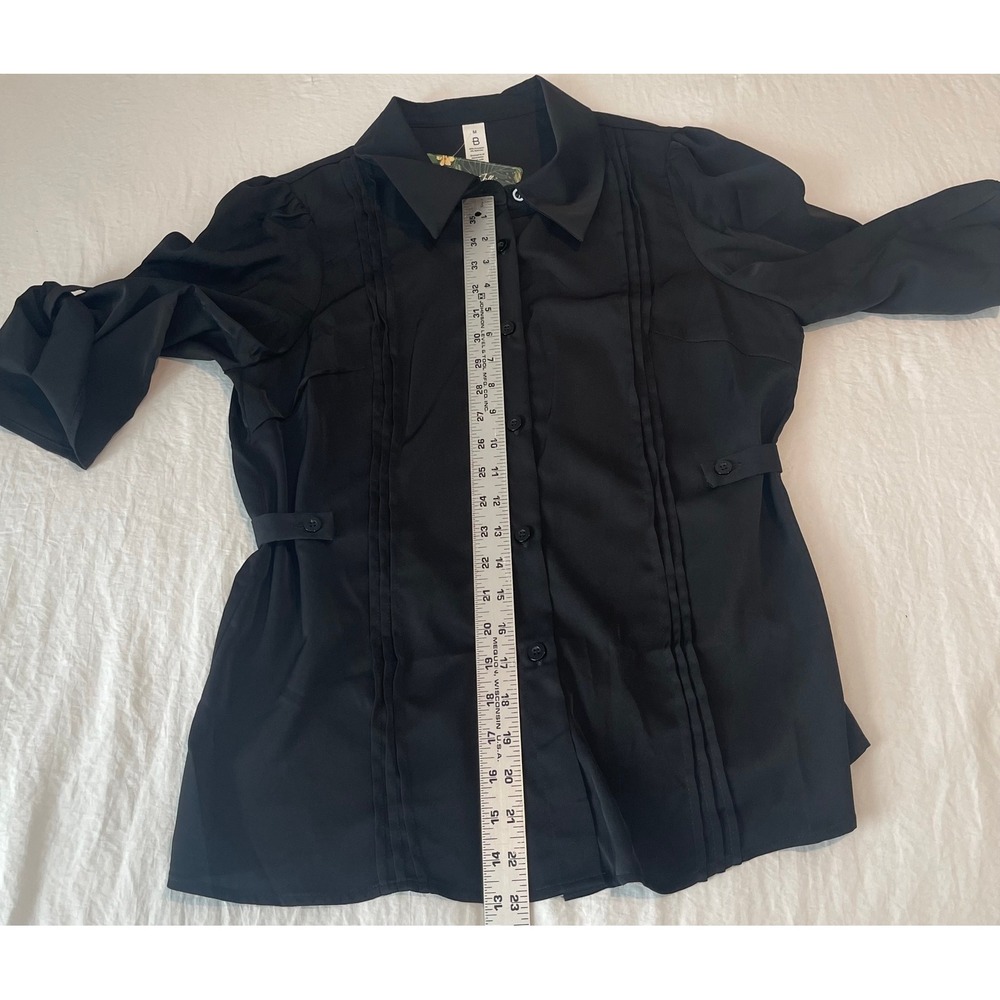 00751 Blooming Jelly Black Button Up Pleated Puff Sleeve Top Shirt Womens Size M - Picture 6 of 8